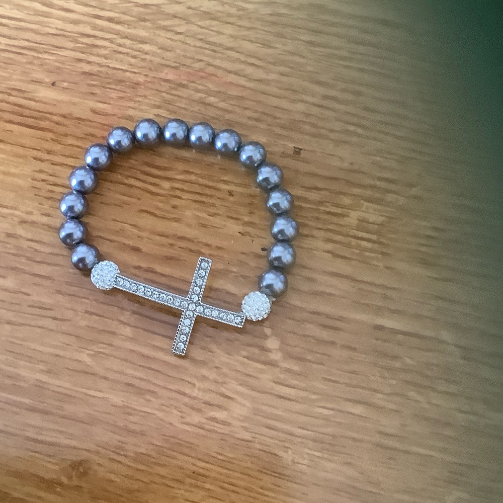 Gray Beaded Bracelet with Cross Charm